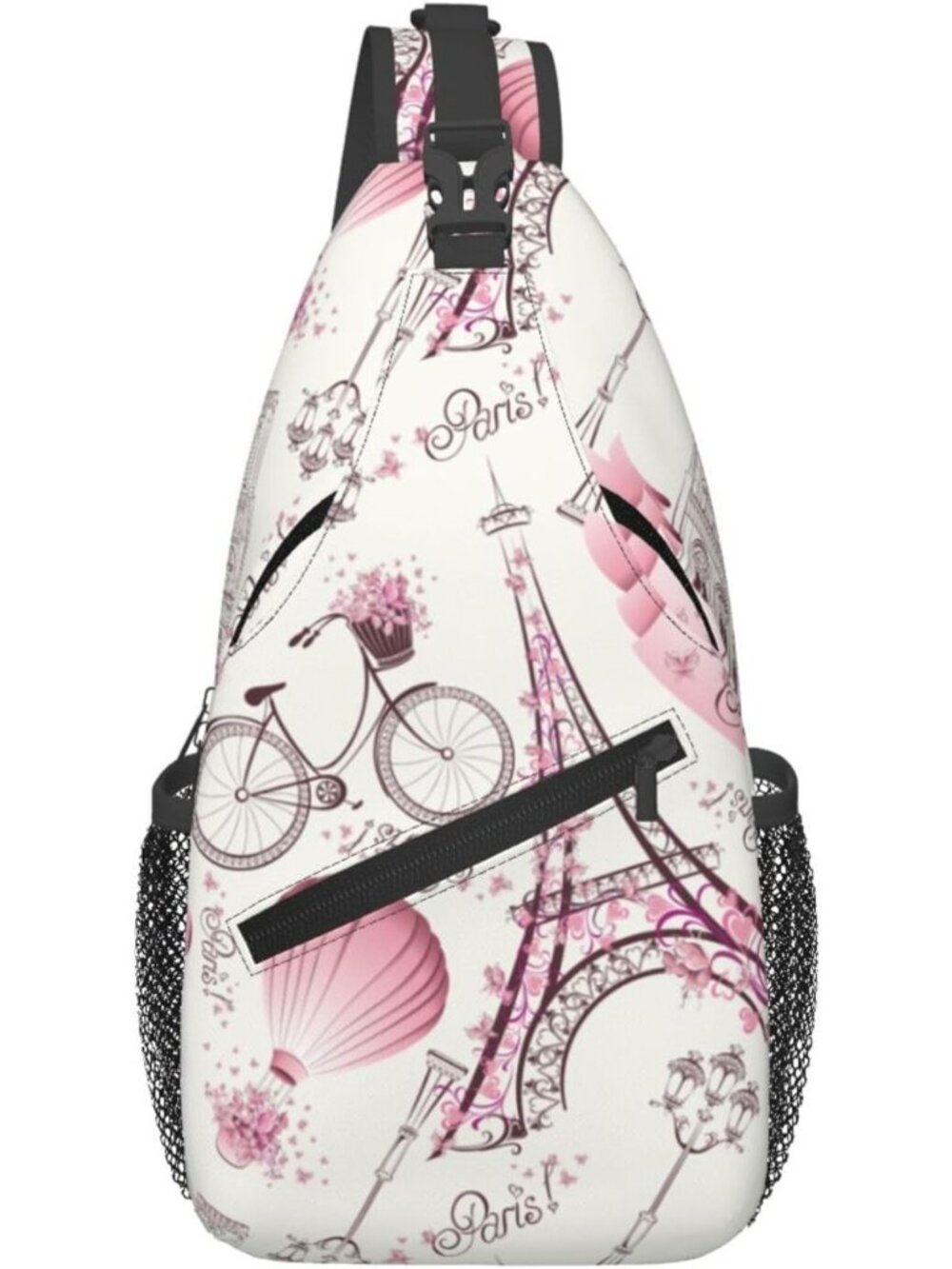 Eiffel Tower Crossbody Sling Bag with Pink Flowers & Hot Air Balloon - Casual